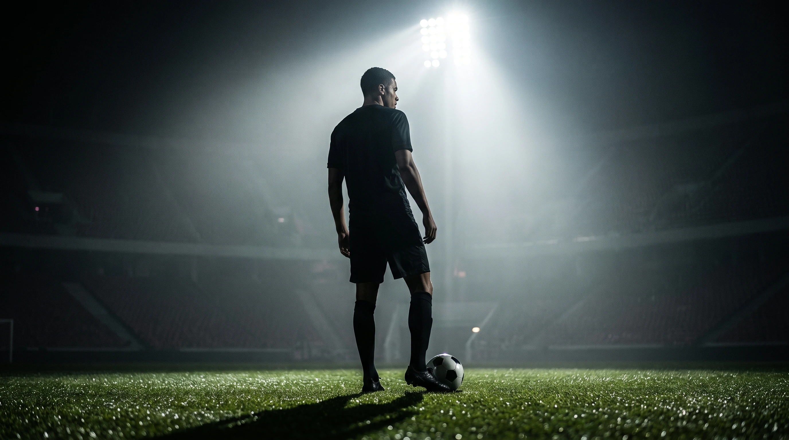 A footballer facing a floodlit stadium